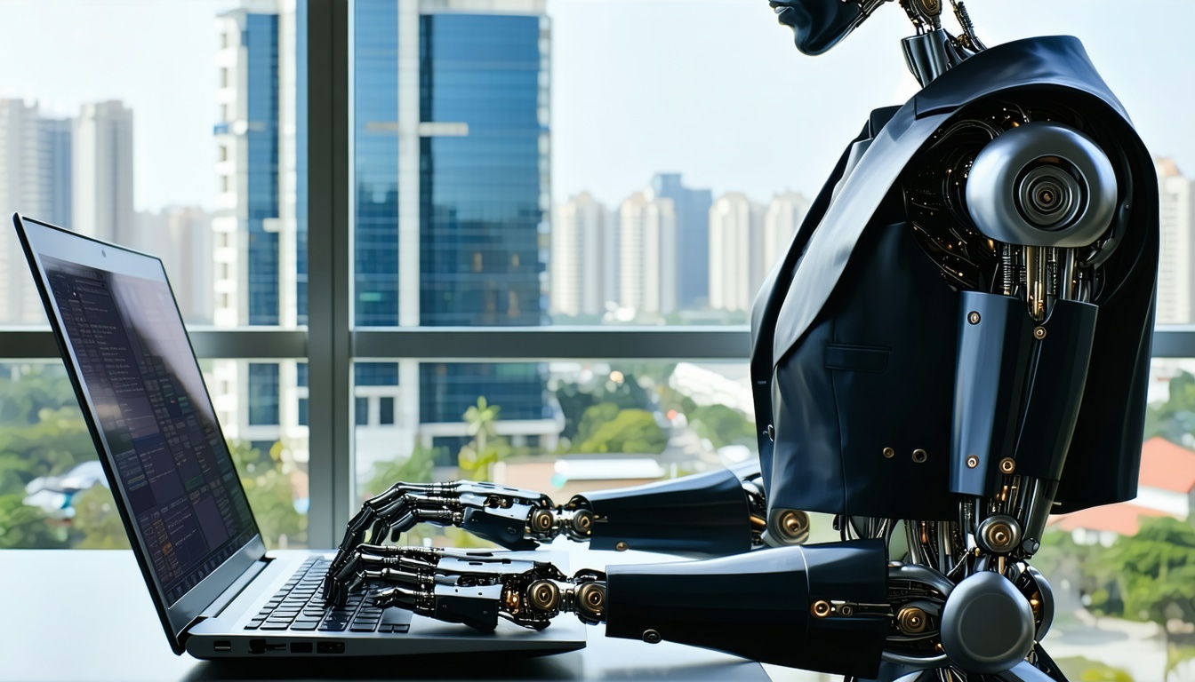 A person sitting at a laptop working with office buildings outside their window but their hands are metal robiot hands typing looking like theyre a robot wearing a suit using a computer-2