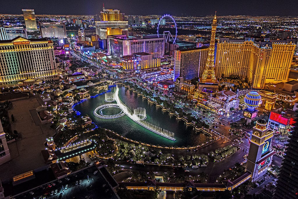 An aerial view of Las Vegas lit up at night
