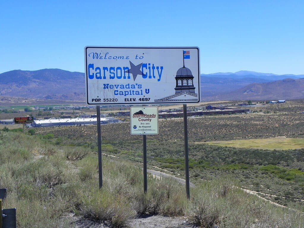 "Welcome to Carson City, Nevada's Capital" road sign
